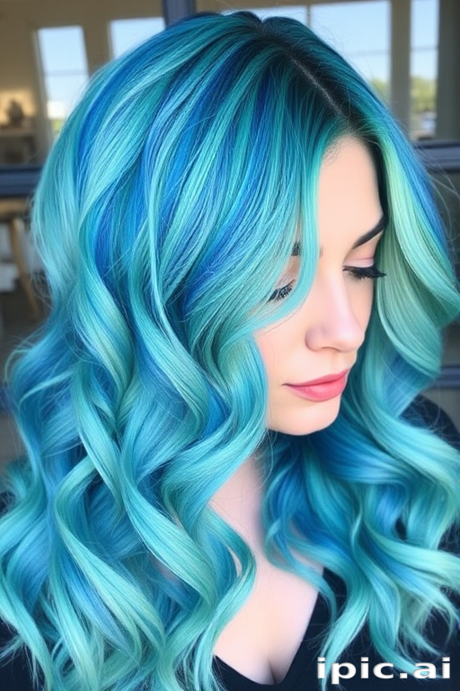 Cerulean blue to seafoam green color melt styled in mermaid waves, named "Oceanic Odyssey" hair, showcasing a pearlescent sheen and beach-inspired texture