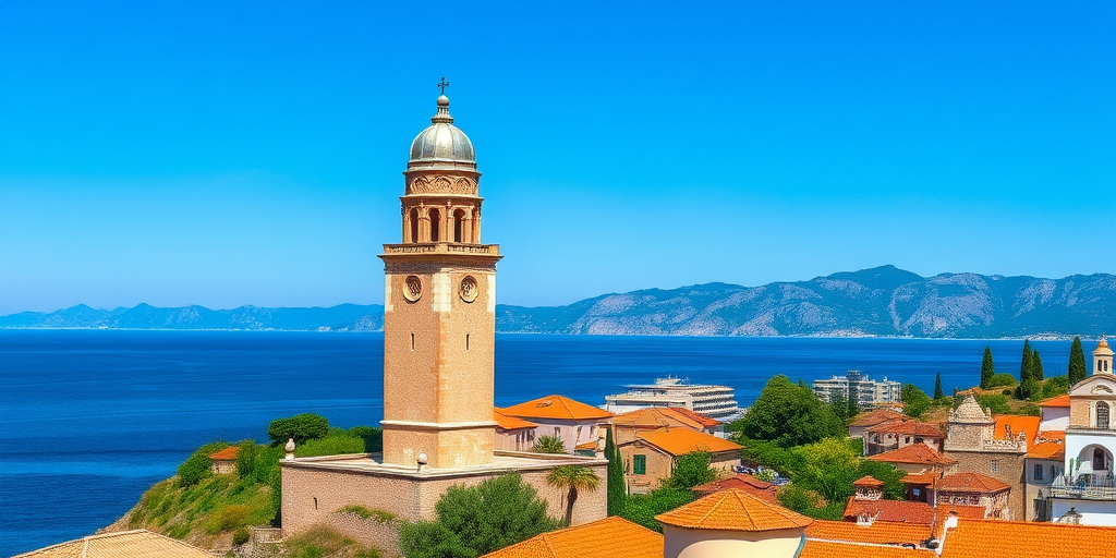 high-resolution image of a coastal village with a prominent bell tower, clear blue sky, mountains in the background, shot with a DSLR camera at f/8, ISO 100, 24mm lens, natural light, vibrant colors, panoramic view