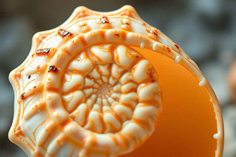 Create a high-resolution image of a spiral seashell with intricate patterns and textures, captured using a macro lens at f/2.8 aperture, 1/125 sec shutter speed, and ISO 100, in soft natural light for enhanced detail and clarity.