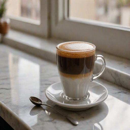 Close-up of a freshly brewed cup of espresso resting on a marble countertop, soft natural light from a nearby window illuminating the rich crema, with a sugar cube and spoon softly blurred in the background.