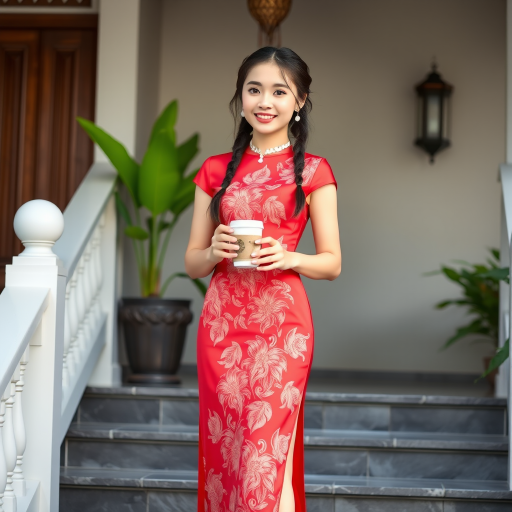 Chinese girl with a sweet smile wearing a red shivalai Thai dress, diamond jewelry, braided hair, holding a cup of hot coffee, wearing white high heels, standing on the stairs, Thai style house.