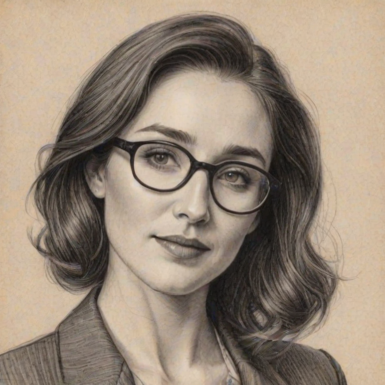 Lovely Carice van Houten, pencil sketch, portrait of Ravishing woman 1948s in glasses, hair style beatnik, outline, clear lines, fine lines, 8k