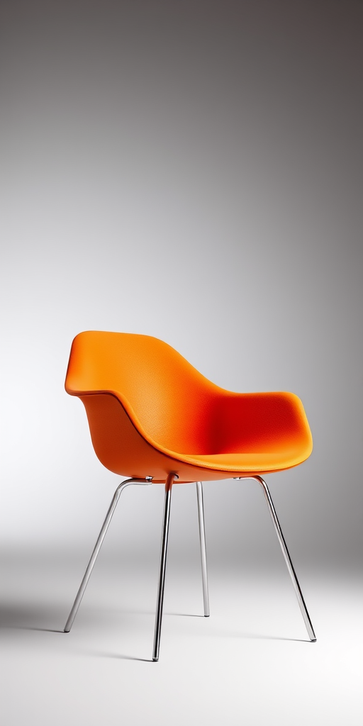 Create a high-resolution 3D rendering of a modern orange chair with sleek metal legs, using a DSLR camera with an aperture of f/2.8, shutter speed of 1/100 sec, ISO 200, in a well-lit studio environment, captured from a slightly elevated angle to emphasize depth and texture.