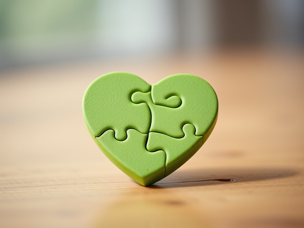 A high-resolution image of a green heart-shaped puzzle, close-up view, f/2.8 aperture, ISO 100, 50mm lens, natural lighting, soft focus background, digital camera.