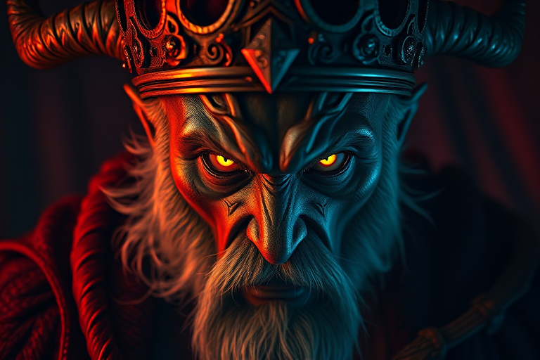 create a dark fantasy portrait of a menacing king with glowing eyes and a horned crown, dramatic lighting and rich textures, using a Canon EOS R5, 50mm lens, f/1.8 aperture, 1/100s shutter speed, ISO 200, with a low-angle view to emphasize power and intensity, focusing on vibrant colors and intricate details in a painterly style.