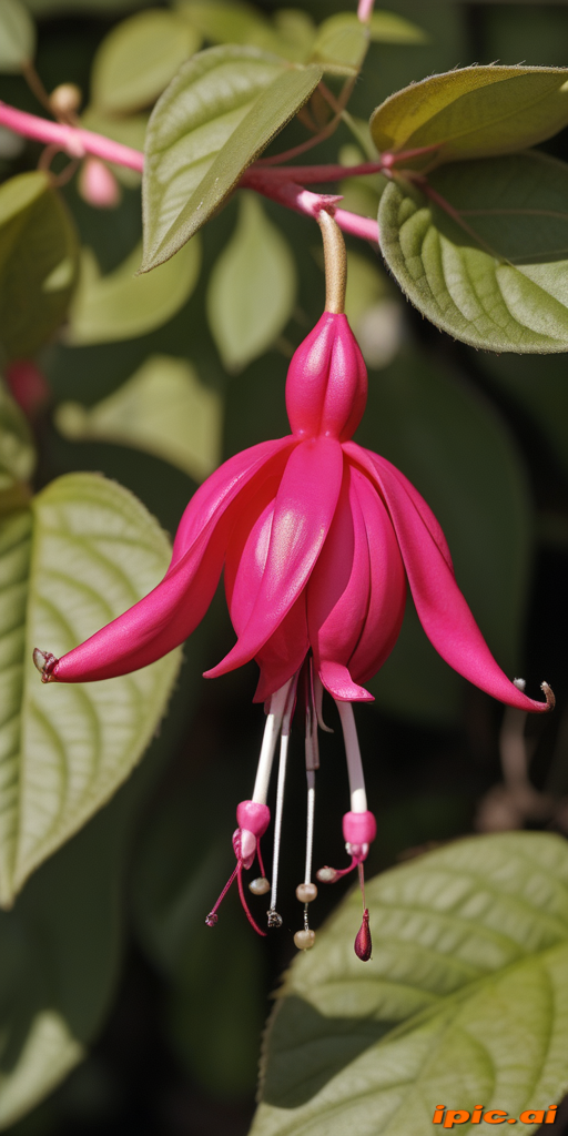A Vibrant Pink Fuchsia Flower Blooming Amidst Lush Green Leaves in Nature.