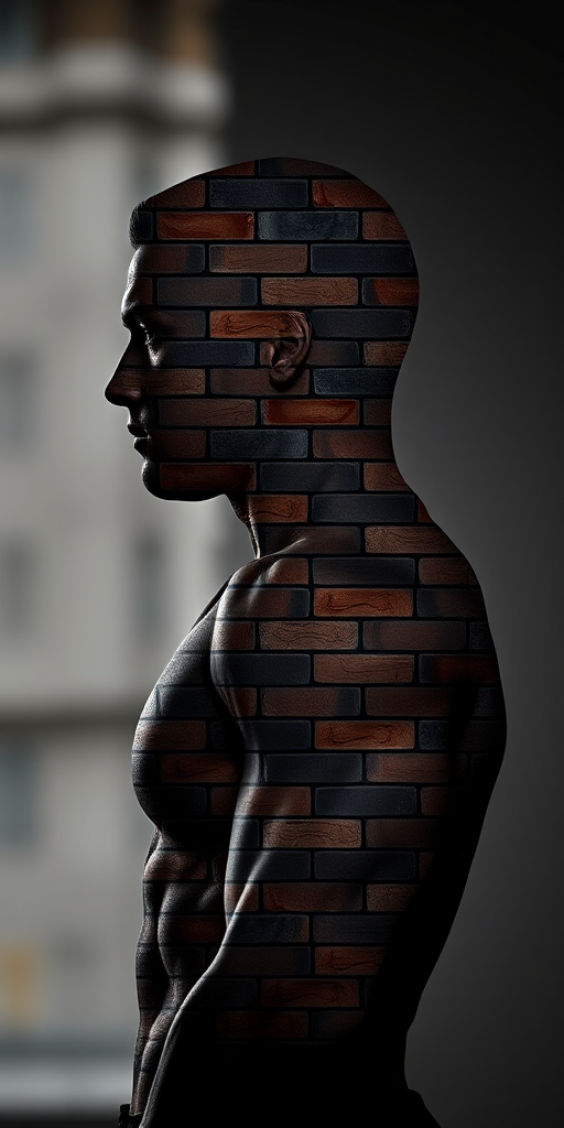 Generate a high-resolution image of a muscular silhouette filled with a brick pattern, using a Canon EOS R5 camera, 50mm lens, f/1.8 aperture, ISO 100, and a clear depth of field with soft background blur.