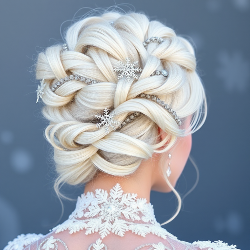 Frosty Winter Whisper presents an icy platinum blonde updo with intricate snowflake-inspired braids and delicate crystal accents woven throughout the elaborate style