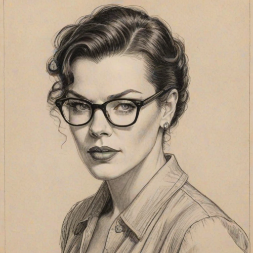 Appealing Debi Mazar, pencil sketch, portrait of Beauteous woman 1926s in glasses, hair style beatnik, outline, clear lines, fine lines, 8k