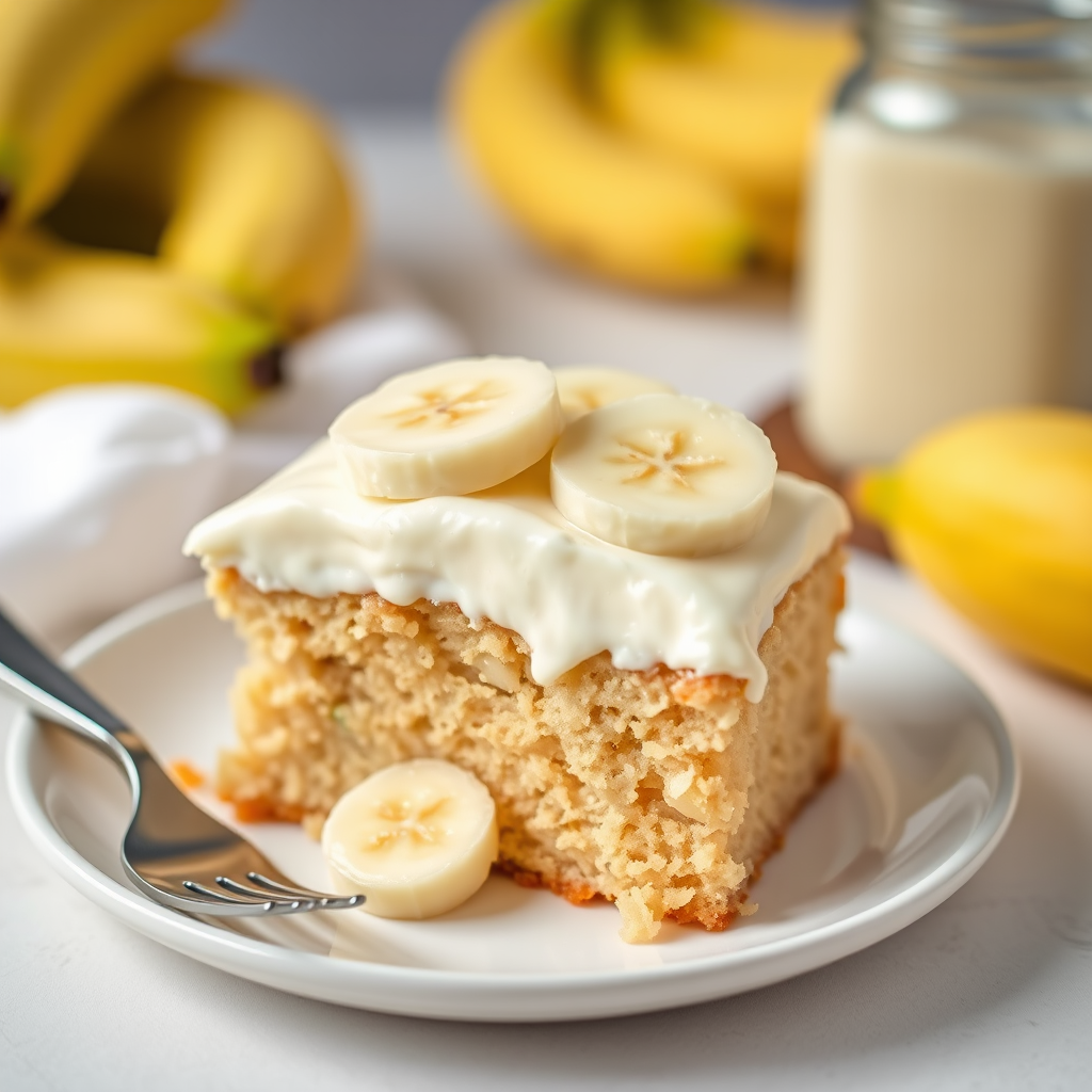 A slice of banana cake with creamy frosting topped with banana slices served on a white plate with a fork beside it, with a blurred background of bananas and a jar.