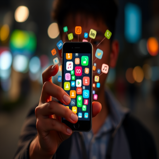 Create a vibrant image of a person holding a smartphone with colorful icons and symbols emanating from the screen, using a Canon EOS R5 camera, aperture f/2.8, ISO 100, shutter speed 1/60, in a low-light setting with a shallow depth of field.