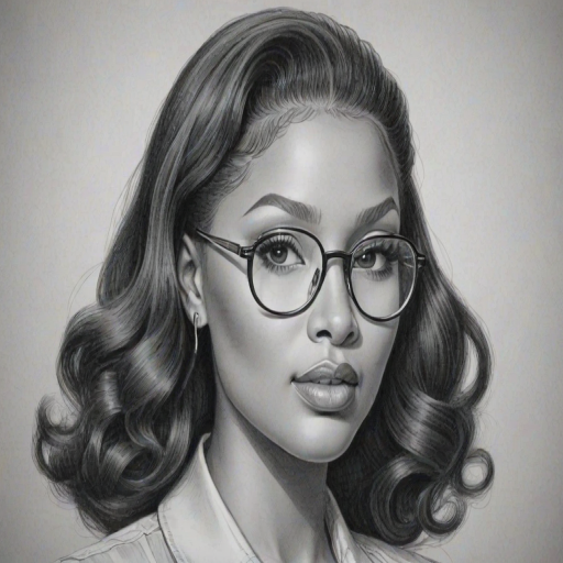 Alluring Nicki Minaj, pencil sketch, portrait of Fetching woman 1940s in glasses, hair style beatnik, outline, clear lines, fine lines, 8k