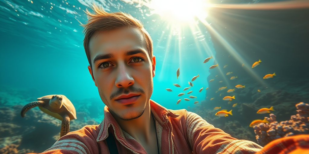 Realistic selfie image of a Uzbek, wearing a vintage outfit, detailed dreamy eyes, droopy hooded eyes, staring at the camera, taken underwater at coral reef with a sunbeam filtering through the water, vibrant, summer vacation, natural lighting, turtle and school of tropical fish with vibrant colors, rendered in the style of CryEngine, Pegi Nicol MacLeod, with realistic genre scenes, hauntingly beautiful narratives, ultra-realism, and Thomas Saliot's close-up technique, 8K resolution, crystal clear and sparkling water.