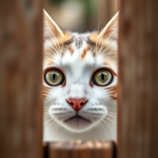 Capture a close-up of a cat's face peering through a gap in a fence, with a shallow depth of field using a DSLR camera, aperture f/2.8, ISO 100, 50mm lens, natural light, focused on the eyes, and a soft bokeh background.