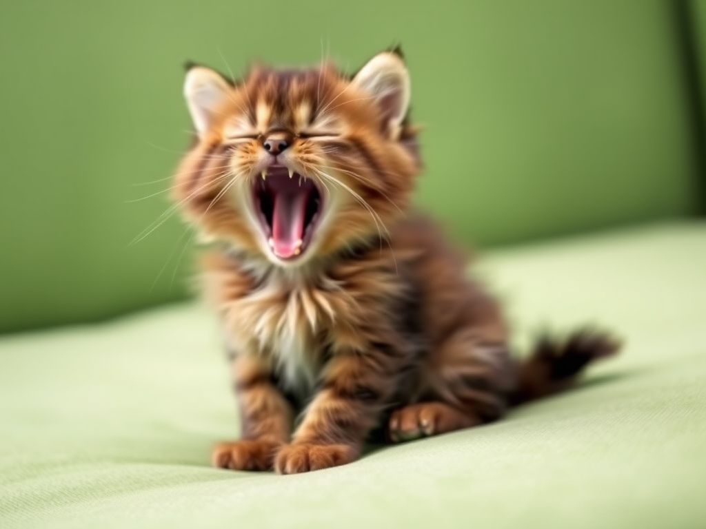 Cute fluffy kitten sitting on a green couch yawning with its eyes closed and mouth open showcasing its playful expression and soft fur.