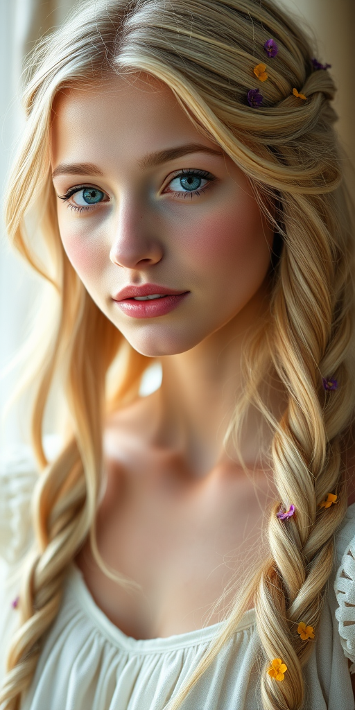 Create an image of a young Eurasian woman with long, wavy blonde hair, adorned with small, colorful flowers woven into her braids and loose strands. Her complexion is fair, with soft, glowing skin, and she has light blue eyes that gaze softly at the viewer. She wears a light, flowing dress with a gentle, ethereal quality, complementing her delicate and serene appearance. The background is slightly blurred, drawing focus to her tranquil expression and the intricate details of the flowers in her hair. The overall mood of the image is one of natural beauty and grace, evoking a sense of peacefulness and connection with nature.