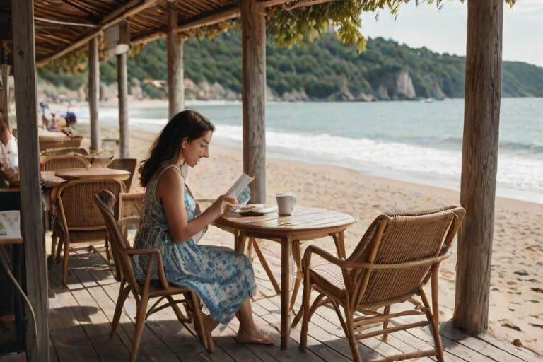 Quiet seaside cafe with wicker chairs and wooden tables, the sound of waves lapping the shore as a woman sits reading a book, sipping an espresso.