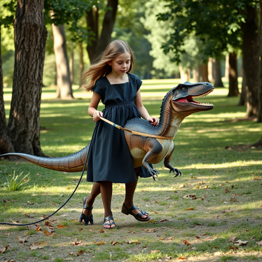 12 year old girl in a dress walking her pet Velociraptor on a leash through a park