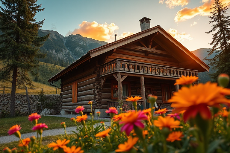 Regenerate a rustic wooden mountain chalet during golden hour with vibrant flowers in the foreground, using a DSLR camera set to ISO 100, aperture f/8, shutter speed 1/200s, with a wide-angle lens capturing a low-angle view from the front.