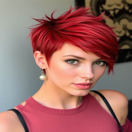Vibrant red-haired beauty showcasing a pixie cut with edgy, textured layers, emphasizing her fiery personality and bold style choices