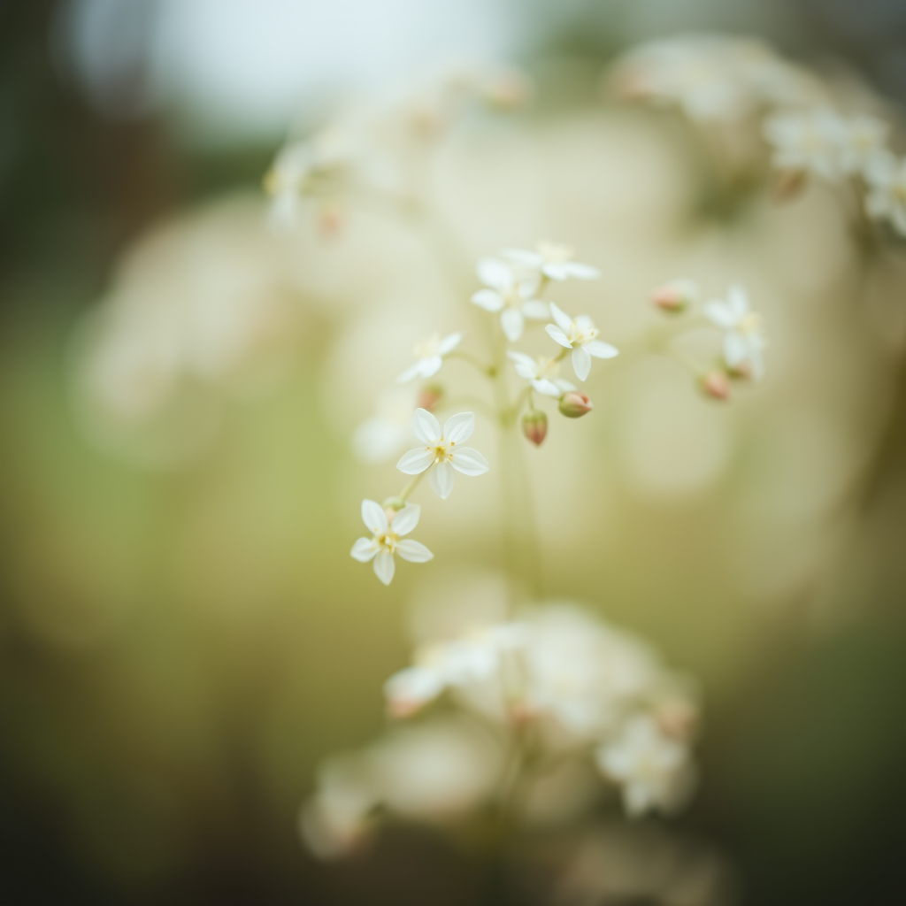 capture a soft-focus close-up of delicate white flowers swaying gently in a blurred, natural background with a shallow depth of field, using a DSLR camera at f/2.8, ISO 100, 50mm lens, and a slight overexposure for a dreamy effect