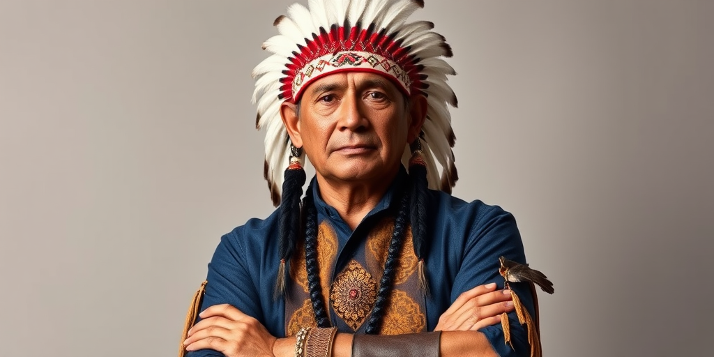 Create a dignified portrait of a Native American man dressed in traditional attire. He wears a beautifully crafted headdress adorned with white feathers and red beads, along with a beaded headband featuring intricate patterns. His clothing includes a deep blue, patterned shirt and a traditional chest piece with detailed beadwork. His arms are crossed, displaying leather armbands decorated with feathers. The background is simple and neutral, emphasizing his proud and stoic expression. The overall image captures the rich cultural heritage and strength of his persona.
