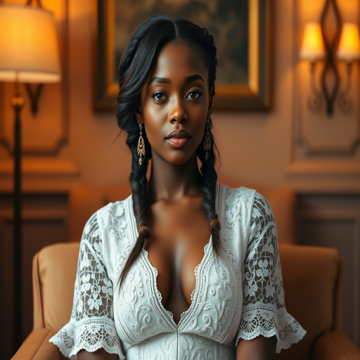 Create a portrait of a refined and elegant woman seated in a sophisticated setting. She has long, wavy hair styled in two thick braids that are pulled over her shoulders. She wears a white, lace gown with intricate patterns, featuring a deep V-neckline and short sleeves. The dress exudes a vintage charm with its delicate lacework. She is adorned with ornate, dangling earrings that add a touch of glamour to her appearance. The background is softly lit, with warm, ambient lighting that creates a cozy and inviting atmosphere. Her expression is poised and serene, capturing a sense of grace and elegance.