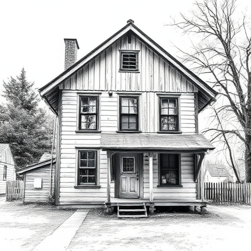 regenerate an image of an old wooden house in a grayscale sketch style, using a 50mm lens with f/2.8 aperture, ISO 100, soft natural lighting, taken from a low angle to capture details of the architecture, shot with a DSLR camera
