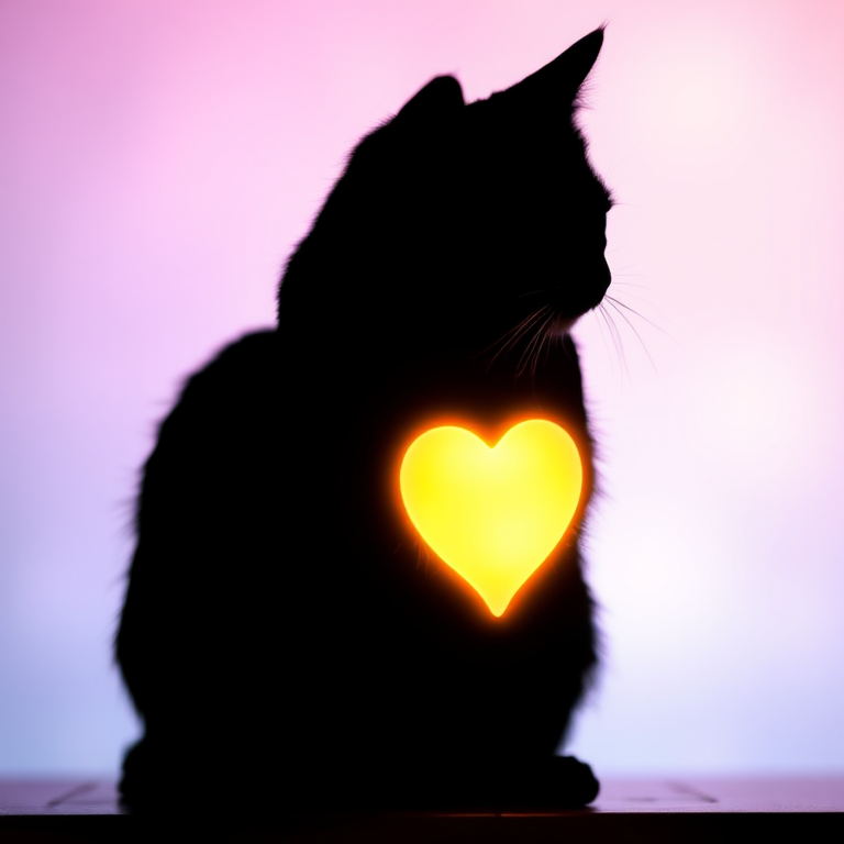A silhouette of a cat sitting with a glowing heart on its chest, soft pastel colors, high-quality digital art, captured with a DSLR camera at f/2.8 aperture, ISO 100, 50mm lens, natural light, shallow depth of field.