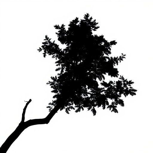 Generate an image of a detailed black silhouette of a tree against a white background, using a DSLR camera with a 50mm lens at f/1.8, ISO 100, and 1/200 shutter speed, side view, with soft lighting for enhanced contrast.