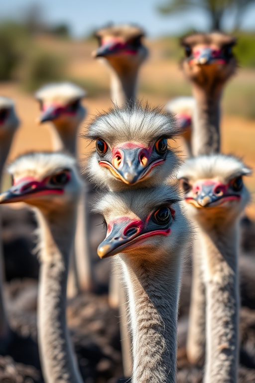 capture a close-up of a group of ostriches with sharp details and vibrant colors using a 50mm lens at f/2.8, ISO 100, with natural lighting in a wide-angle perspective, shot on a digital SLR camera