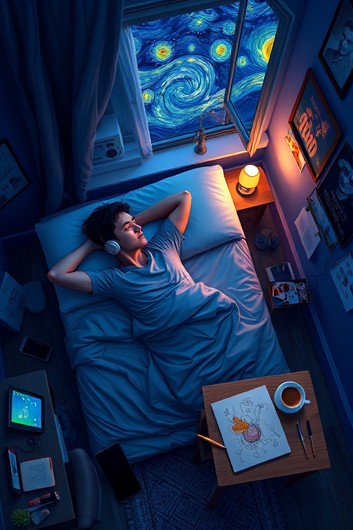 A top-down Van Gogh-style painting of a young man lying on his bed, listening to music with headphones. The room is softly lit with deep blues and purples, creating a peaceful nighttime atmosphere. The bed has a soft pillow, and the man's arms are resting behind his head. Around the bed, various glowing gadgets such as a smartphone, a laptop, and a small lamp are visible, casting a gentle light. The rest of the bedroom includes a desk with books, a chair, and a small rug on the floor. A window near the bed reveals a starry night sky with swirling stars, reminiscent of Van Gogh's 'Starry Night.' On the desk, there is a sketchbook with colorful drawings, a cup of coffee steaming gently, and a small potted plant. The walls have posters of famous paintings and a corkboard with pinned notes and photos. The scene is full of dynamic, swirling brushstrokes, capturing the essence of Van Gogh's unique style. The overall mood is serene and contemplative, with a touch of artistic inspiration.