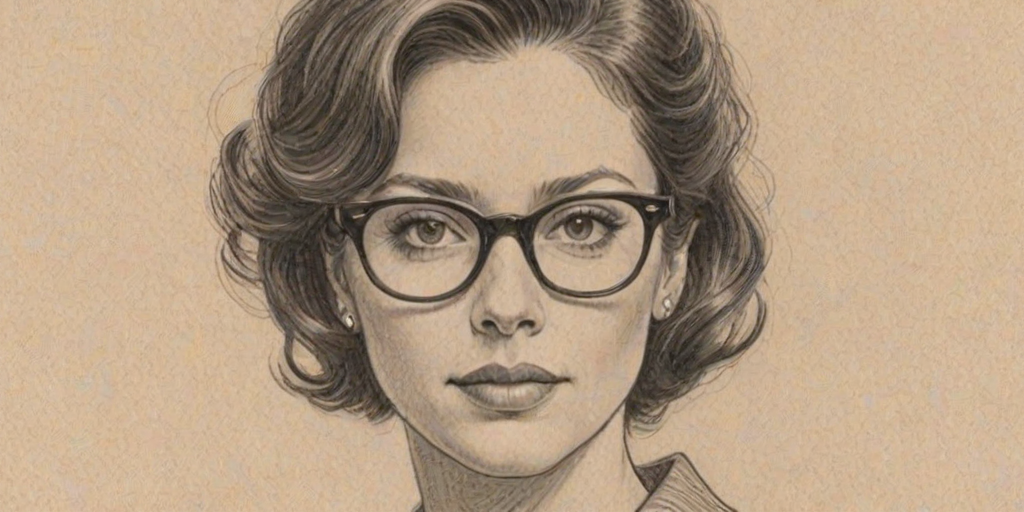 Graceful Jackie Tohn, pencil sketch, portrait of Resplendent woman 1952s in glasses, hair style beatnik, outline, clear lines, fine lines, 8k