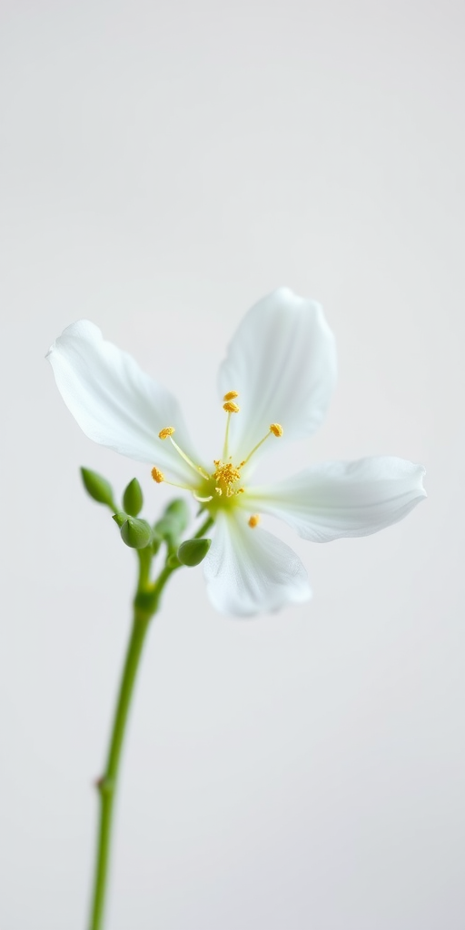 Create a high-resolution illustration of a white flower with delicate petals and green buds against a soft gradient background, using a macro lens with an aperture of f/2.8, focal length of 100mm, and a shallow depth of field to enhance details and blur the background.
