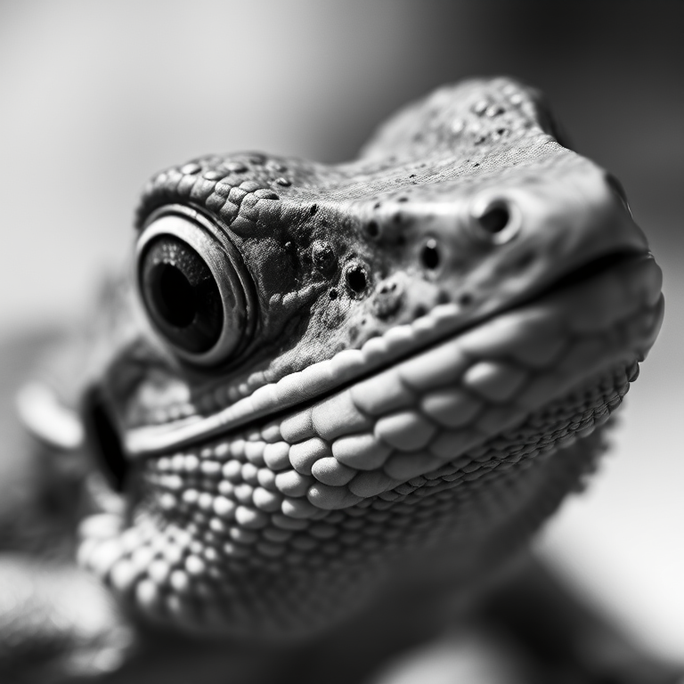 Close-up of a lizard's head in black and white, shallow depth of field, 50mm lens, aperture f/2.8, ISO 100, natural light, macro photography, DSLR camera.