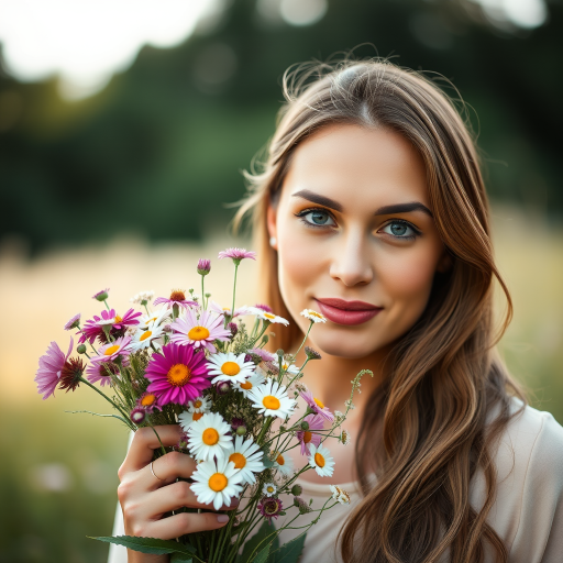 portrait of a woman holding a bouquet of wildflowers, soft natural lighting, f/2.8 aperture, ISO 200, 50mm lens, shallow depth of field, captured with a mirrorless camera
