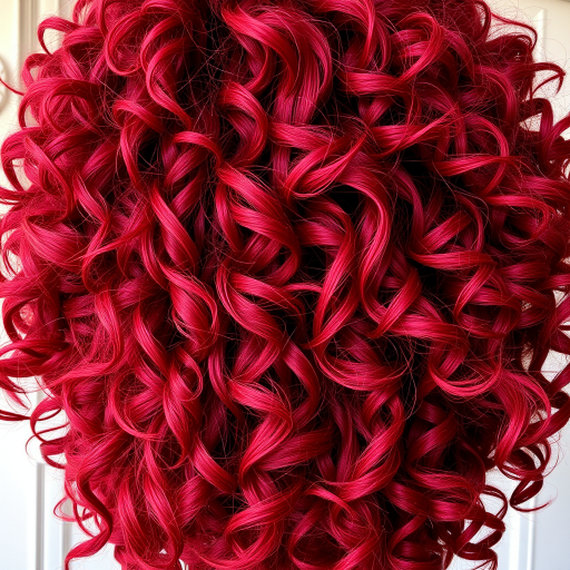 Fierce burgundy lion's mane dubbed "Crimson Mane" boasting voluminous, wild curls with deep red undertones and subtle golden highlights throughout