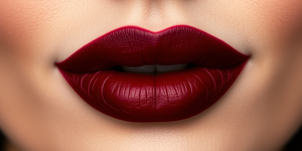 Sultry matte burgundy lips, carefully painted with precision, featuring a bold and dramatic cupid's bow, exuding confidence and sophistication in every curve