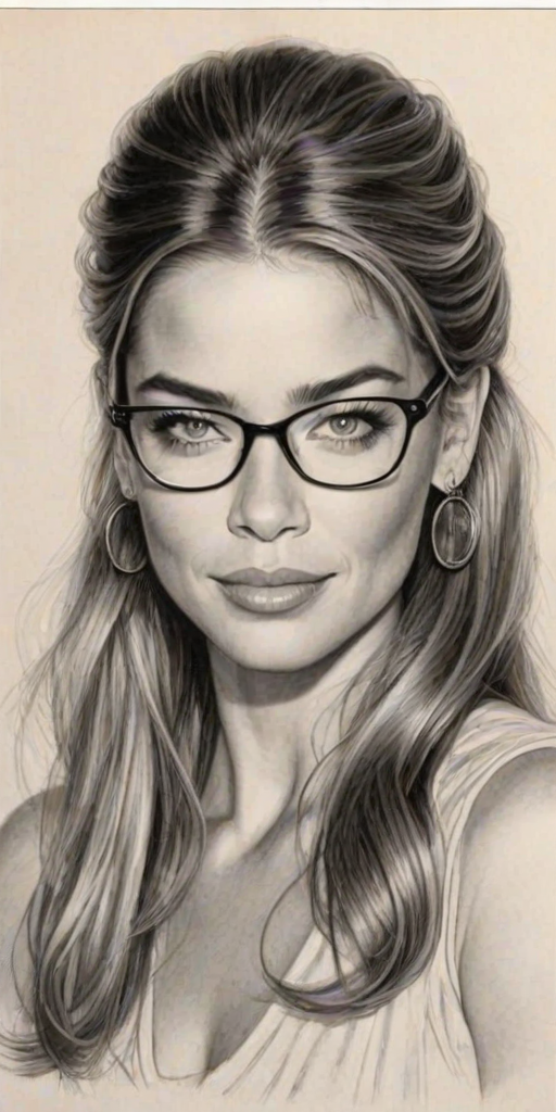 Ravishing Denise Richards, pencil sketch, portrait of Lovely woman 1920s in glasses, hair style beatnik, outline, clear lines, fine lines, 8k