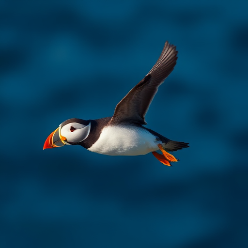 Capture a puffin flying against a blurred blue ocean background, using a Canon EOS R5, with an aperture of f/5.6, a shutter speed of 1/2000 sec, ISO 400, shot in burst mode from a low angle with a telephoto lens at 300mm to enhance details and clarity.