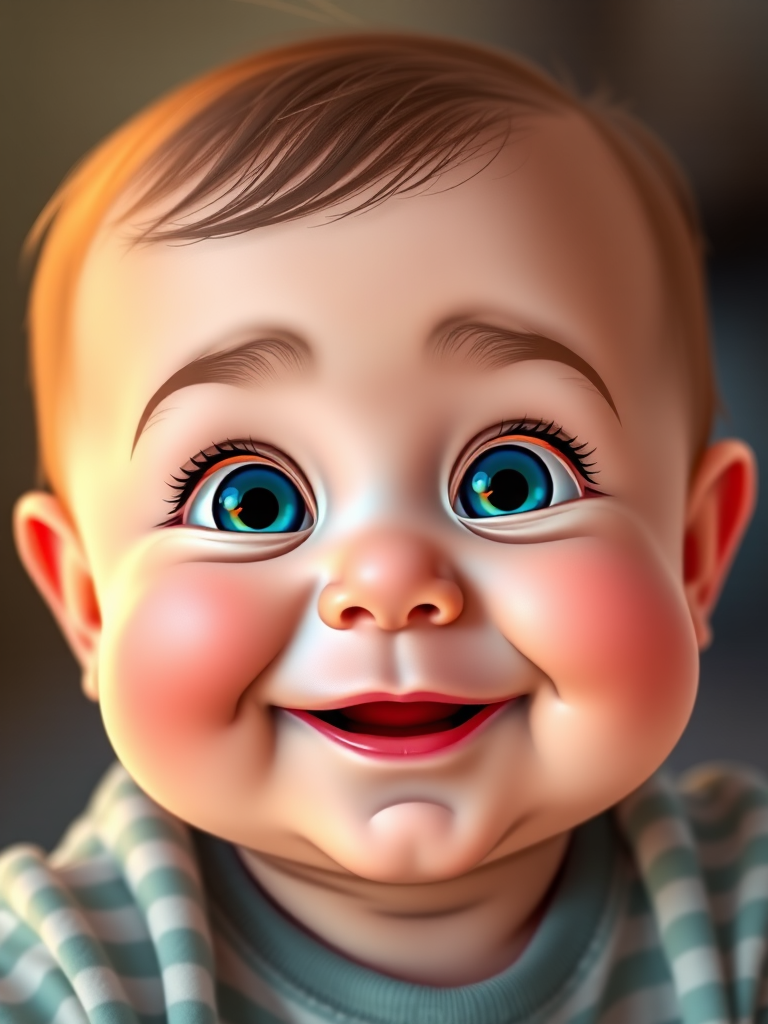 Generate a cartoon-style image of a happy baby with big round eyes and a playful smile, using a Canon EOS R5, 50mm lens, aperture f/1.8, ISO 100, and a vibrant color palette to enhance the overall quality and detail.