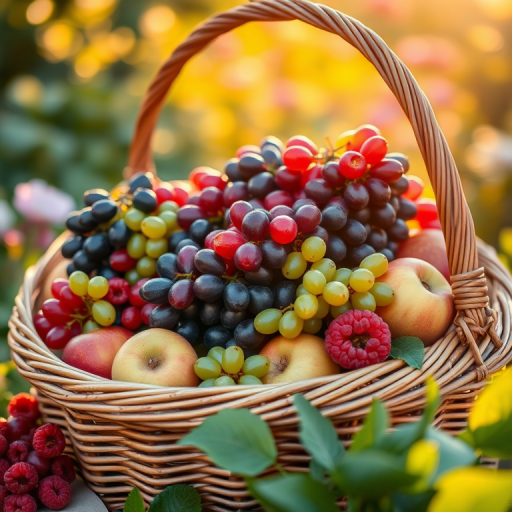 A vibrant still life of a wicker basket overflowing with assorted fruits including red, green, and black grapes, apples, and raspberries, set in a sunlit garden with soft bokeh; shot with a DSLR camera at f/2.8 aperture, ISO 100, 50mm lens, golden hour lighting, with a shallow depth of field to emphasize the textures and colors.