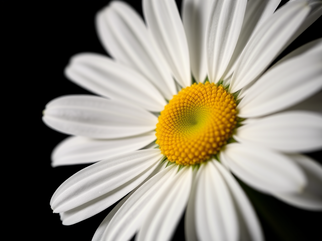 Close-up shot of a white daisy flower with a yellow center on a black background, 50mm lens, f/2.8 aperture, ISO 100, 1/200s shutter speed, softbox lighting, macro photography style, DSLR camera.