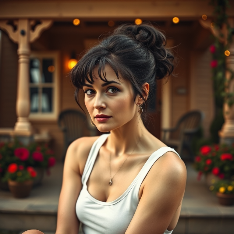 A photo of Helena Bonham Carter with a background of a cozy porch. She has dark hair pulled back in an updo, with tendrils framing her face. She wears a white tank top and sits on the porch. The porch is part of a well-lit home with a warm, earthy tone and colorful flowers and foliage. The overall scene has a warm, welcoming, and comfortable ambiance.
