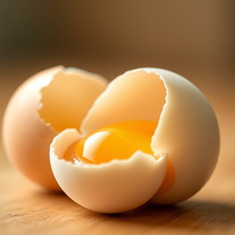 two eggs one cracked showing the inside, soft lighting, macro lens, aperture f/2.8, ISO 100, focal length 60mm, DSLR camera, focus on the eggs with a blurred background