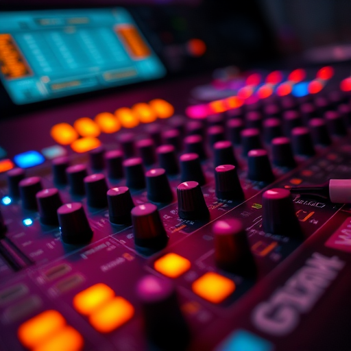 create a high-resolution macro shot of a music mixing console with illuminated controls and vibrant orange and blue lights, using a DSLR camera at f/2.8 aperture, 50mm lens, ISO 100, 1/125s shutter speed, low-angle view to emphasize depth and detail, with dramatic lighting for enhanced texture and contrast