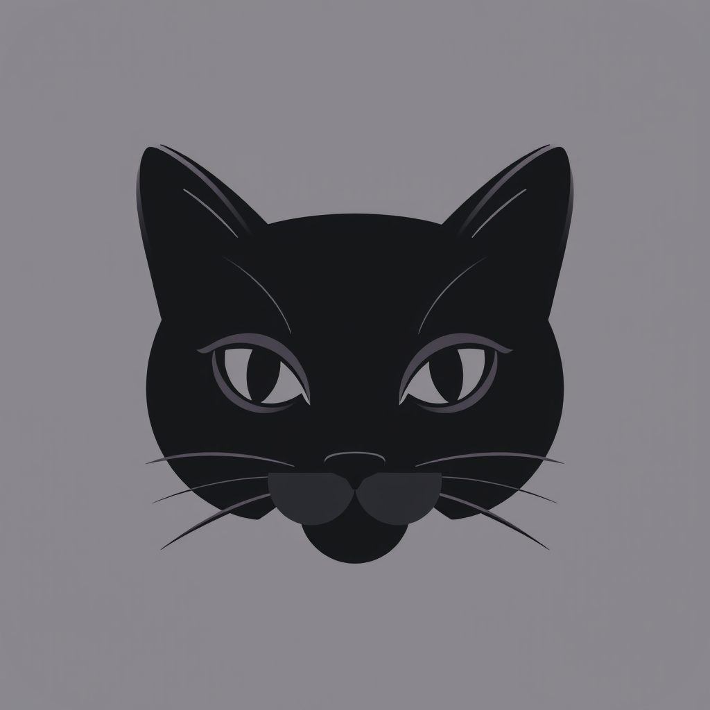 Generate a high-quality minimalist black icon of a cat's face with smooth lines and symmetrical features, captured with a DSLR camera, aperture f/2.8, shutter speed 1/250s, ISO 100, top-down view, and enhanced using a macro lens for clarity.