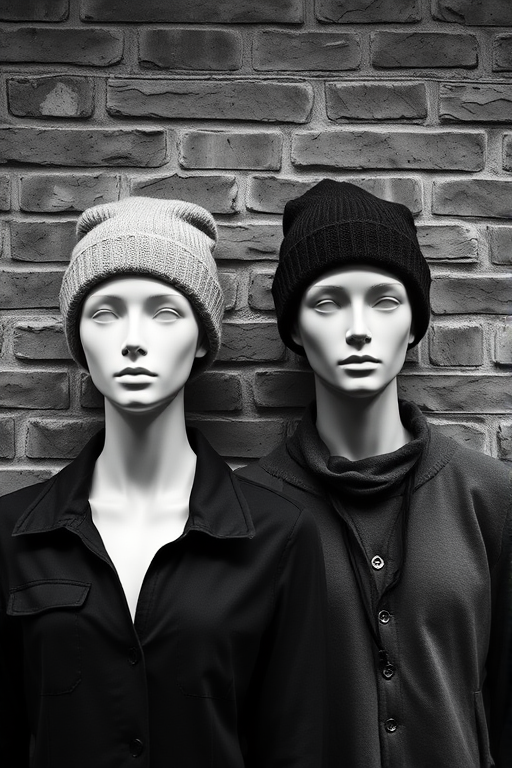generate a high-contrast black and white image of two mannequins wearing beanies standing against a textured brick wall, use a Canon EOS R5 with a 50mm f/1.2 lens, aperture set to f/2.8, ISO 100, and shutter speed of 1/125s, taken from eye level with a shallow depth of field for enhanced detail.