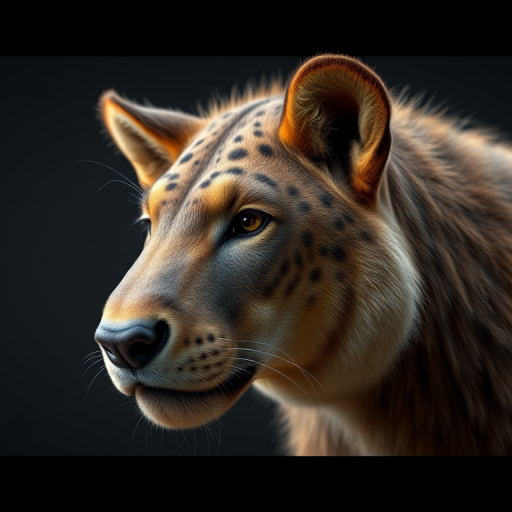 Generate a 3D render of a realistic animal with detailed fur texture and lighting, using a DSLR camera at f/2.8 aperture, ISO 100, shutter speed 1/250s, in a 35mm lens view, using a softbox for even lighting.