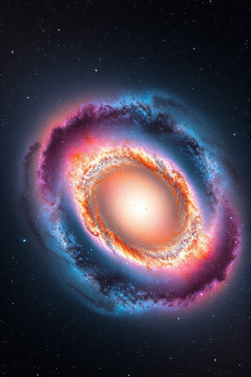 generate an image of a colorful galaxy with swirling arms and a bright core, captured using a Canon EOS 5D Mark IV, 24mm lens, f/2.8 aperture, ISO 800, 30-second exposure, astrophotography style, high-resolution, showing deep space details and vibrant colors